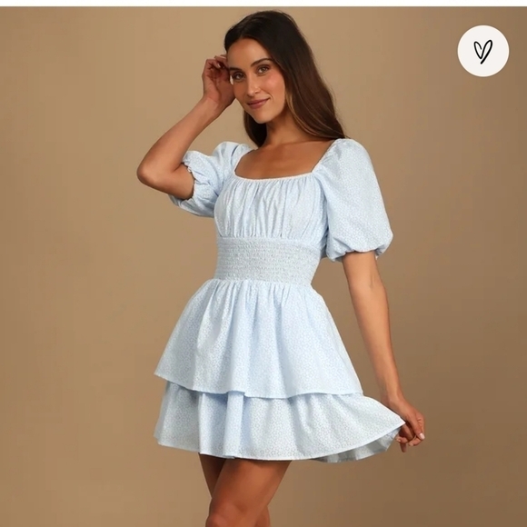 Lulus Dresses & Skirts - LULUS Tiers To Me Light Blue Puff Sleeve Tiered Skater Mini Dress, sz Large